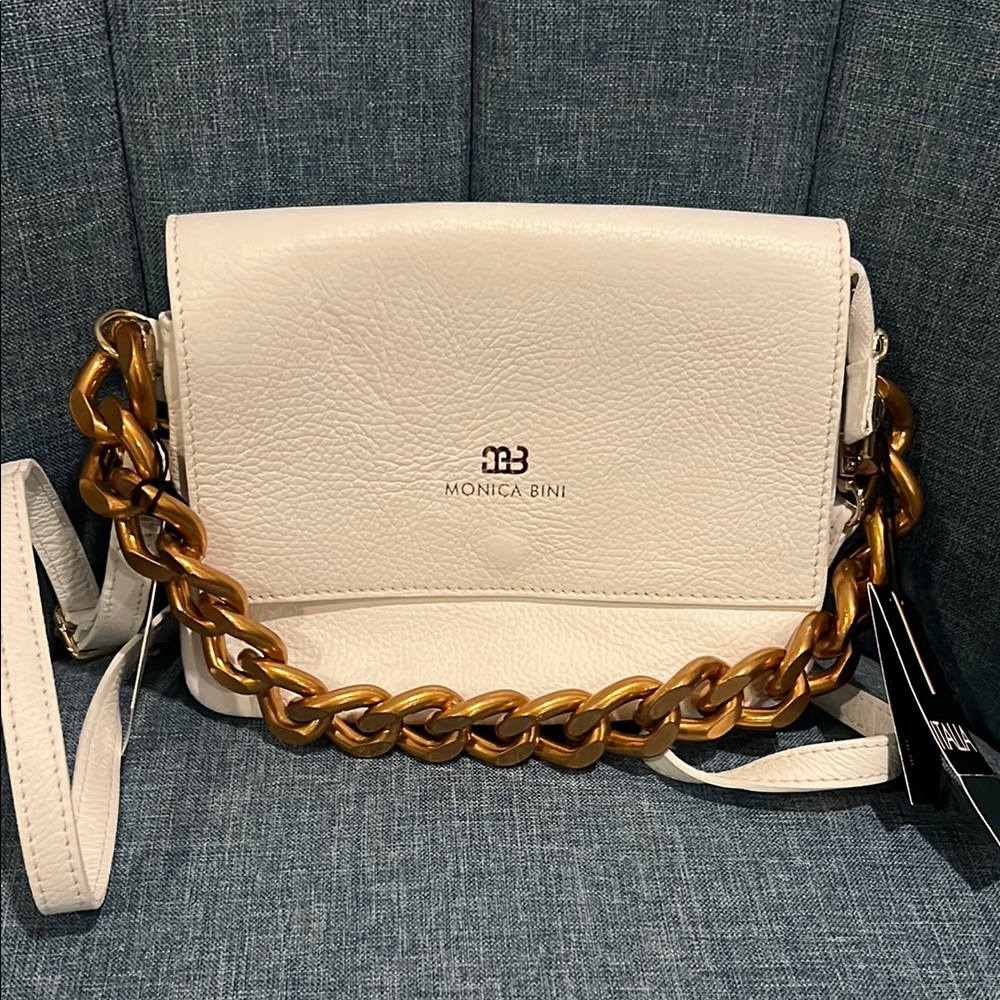 Monica Bini white leather bag with chain strap